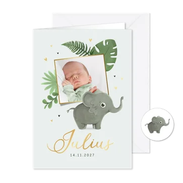Geboortekaartje olifant jungle dieren goud hartjes foto